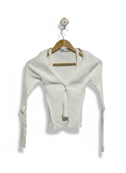 ZARA |S| BUST 11| WHITE RIBBED CARDIGAN SET