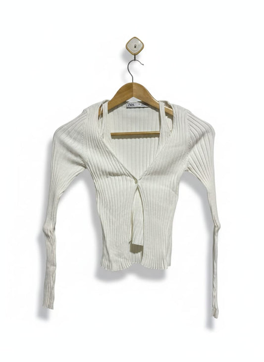 ZARA |S| BUST 11| WHITE RIBBED CARDIGAN SET