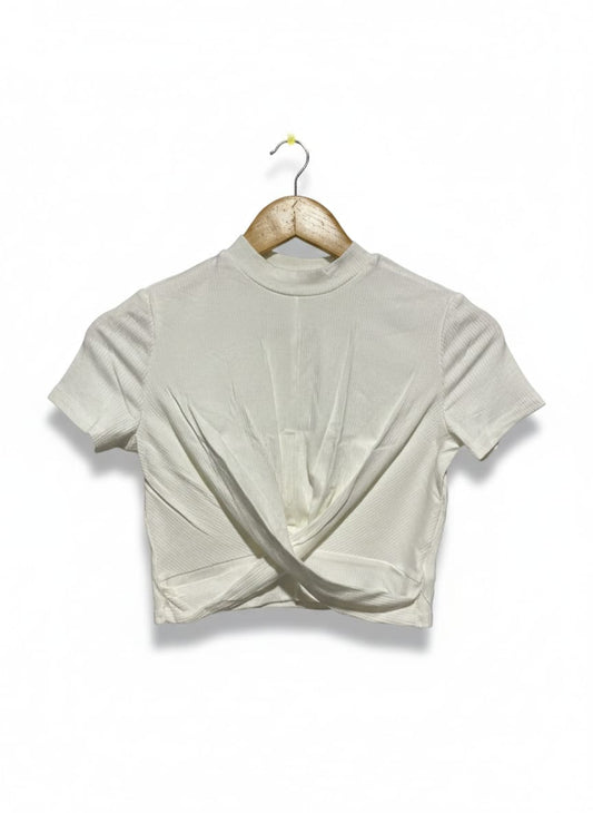 SHEIN |S| BUST 14| MODERN WHITE RIBBED CROSS-FRONT CROP TOP