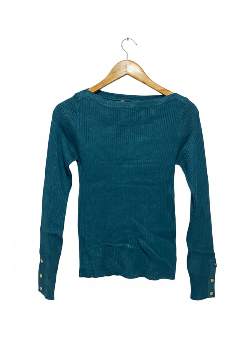 TOKITO |S| BUST 13| TEAL RIBBED BOAT-NECK TOP