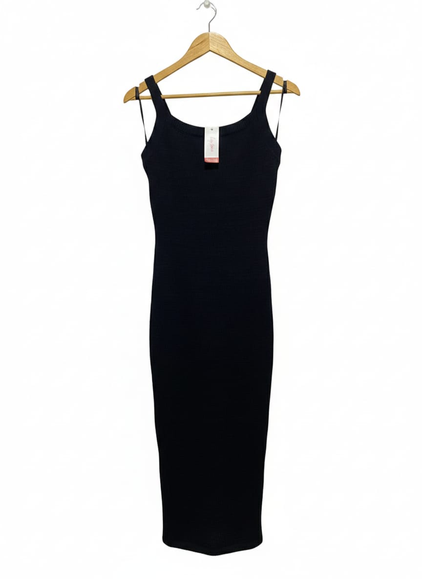 LILY LOVES |XS| BUST 14| BLACK SLEEVELESS SCOOP NECK RIBBED MIDI DRESS