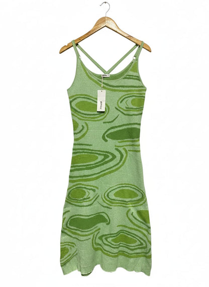 KOLLYY |S| BUST 16| GREEN AND LIME PSYCHEDELIC SWIRL PRINT MIDI DRESS