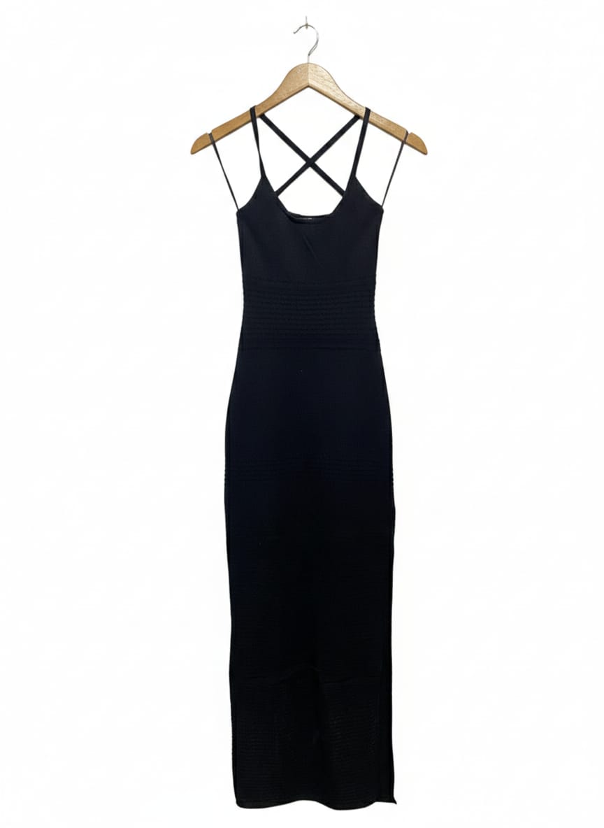 PERFECT STRANGER |S| BUST 11| BLACK SLEEVELESS KNIT MAXI DRESS WITH CRISS-CROSS BACK STRAPS