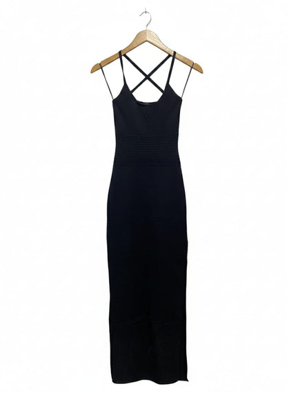 PERFECT STRANGER |S| BUST 11| BLACK SLEEVELESS KNIT MAXI DRESS WITH CRISS-CROSS BACK STRAPS
