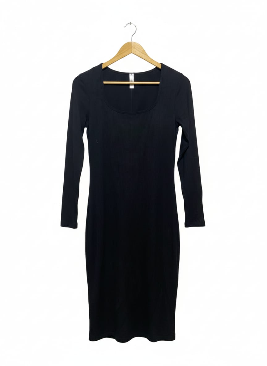 POPILUSH |XXL| BUST 16| BLACK LONG SLEEVE RIBBED SQUARE NECK MIDI DRESS