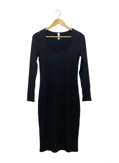 POPILUSH |XXL| BUST 16| BLACK LONG SLEEVE RIBBED SQUARE NECK MIDI DRESS