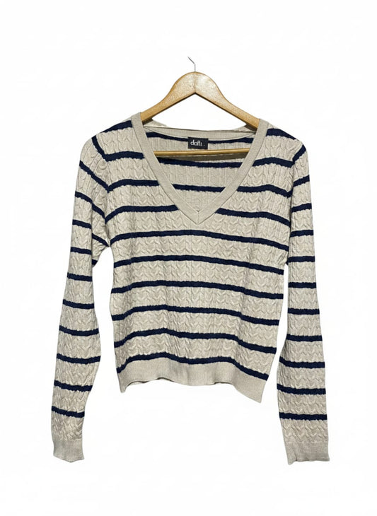DOTTI |M| BUSTB 18| CREAM AND NAVY STRIPED V-NECK CABLE KNIT SWEATER