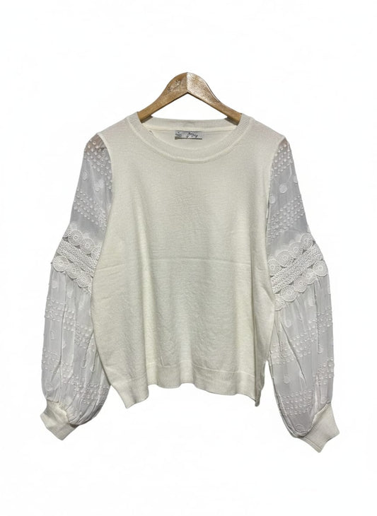 YOURS TUDY |L| BUST 20| OFF-WHITE CREW NECK SWEATER WITH EMBROIDERED MESH BALLOON SLEEVES