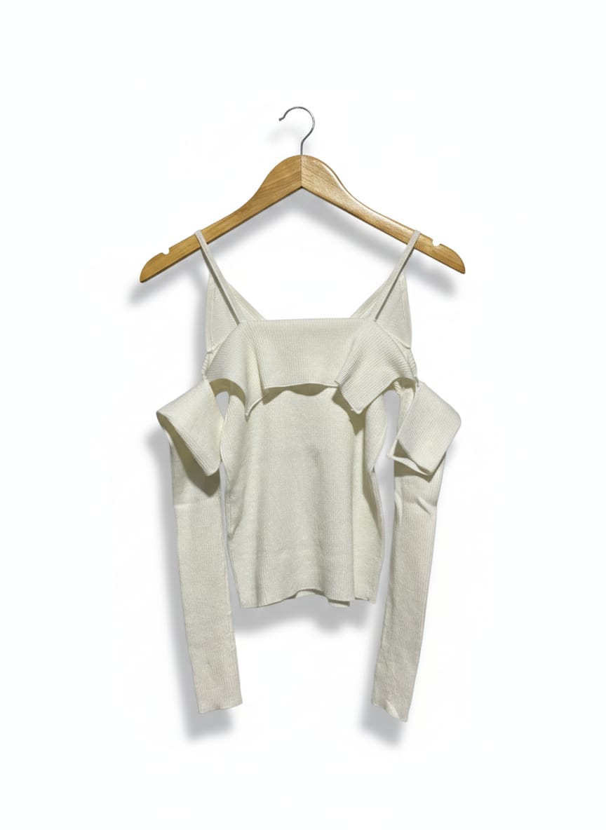 ASM ANNA |XS| BUST 13| C1|  WHITE COLD-SHOULDER RIBBED LONG SLEEVE TOP WITH RUFFLE DETAIL