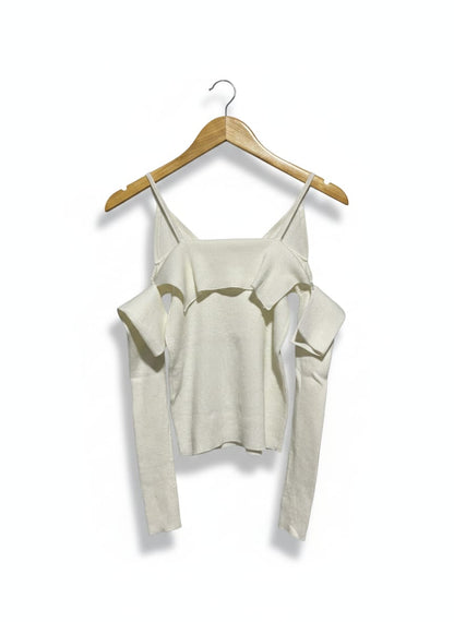 ASM ANNA |XS| BUST 13| C1|  WHITE COLD-SHOULDER RIBBED LONG SLEEVE TOP WITH RUFFLE DETAIL