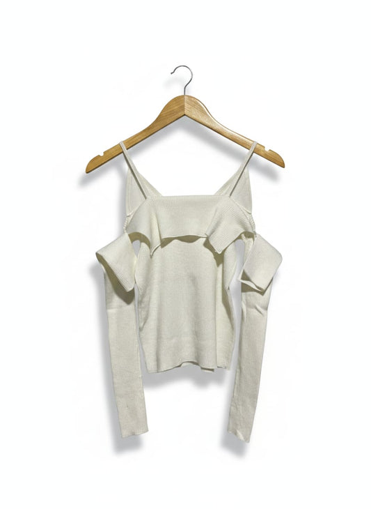 ASM ANNA |XS| BUST 13| C1|  WHITE COLD-SHOULDER RIBBED LONG SLEEVE TOP WITH RUFFLE DETAIL