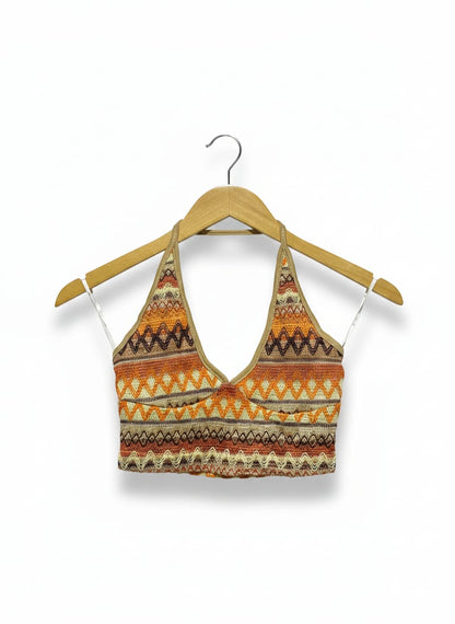 SHEIN |XS| BUST 12| BOHEMIAN MULTI-TONE ZIG-ZAG KNIT HALTER CROP TOP