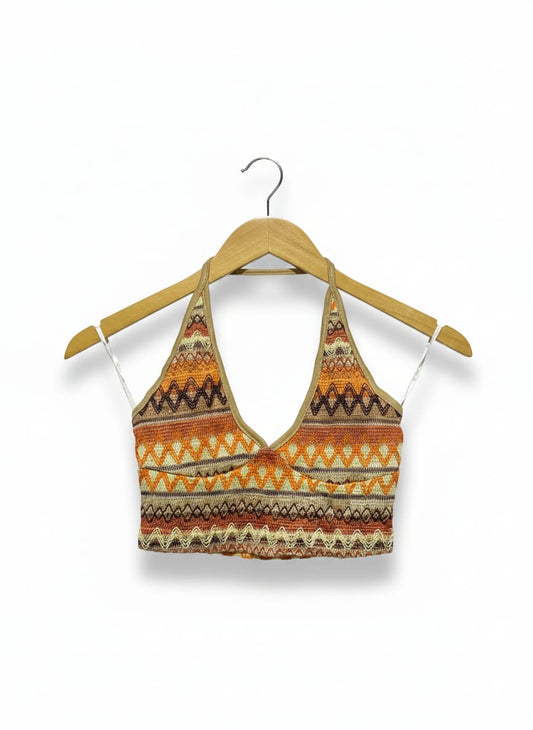 SHEIN |XS| BUST 12| BOHEMIAN MULTI-TONE ZIG-ZAG KNIT HALTER CROP TOP