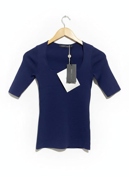 NOBODY DENIM |S| BUST 12| NAVY BLUE RIBBED SQUARE NECK ELBOW-SLEEVE TOP