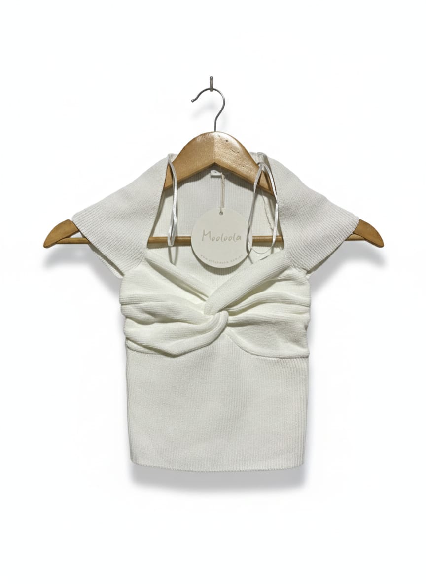 MOOLOOLA |XS| BUST 9| WHITE CAP-SLEEVE TWIST-FRONT KNIT TOP