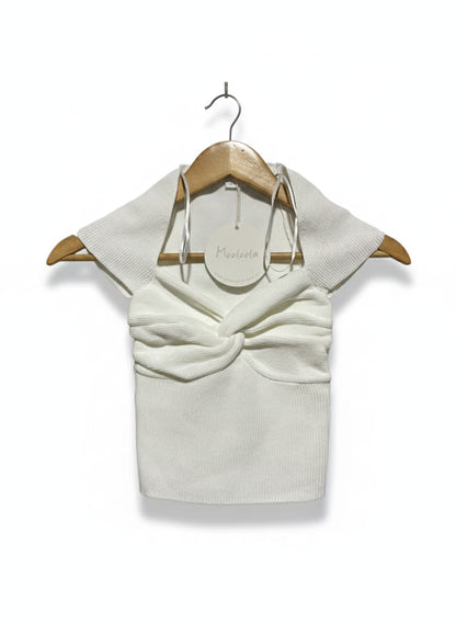 MOOLOOLA |XS| BUST 9| WHITE CAP-SLEEVE TWIST-FRONT KNIT TOP