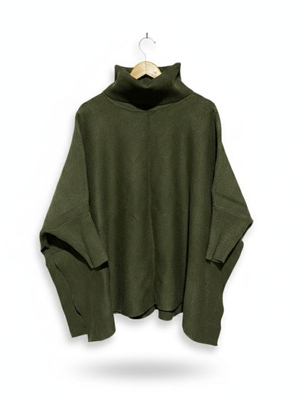 CAROLINE MORGAN |XL| BUST 37| OVERSIZED OLIVE GREEN TURTLENECK PULLOVER PONCHO SWEATER