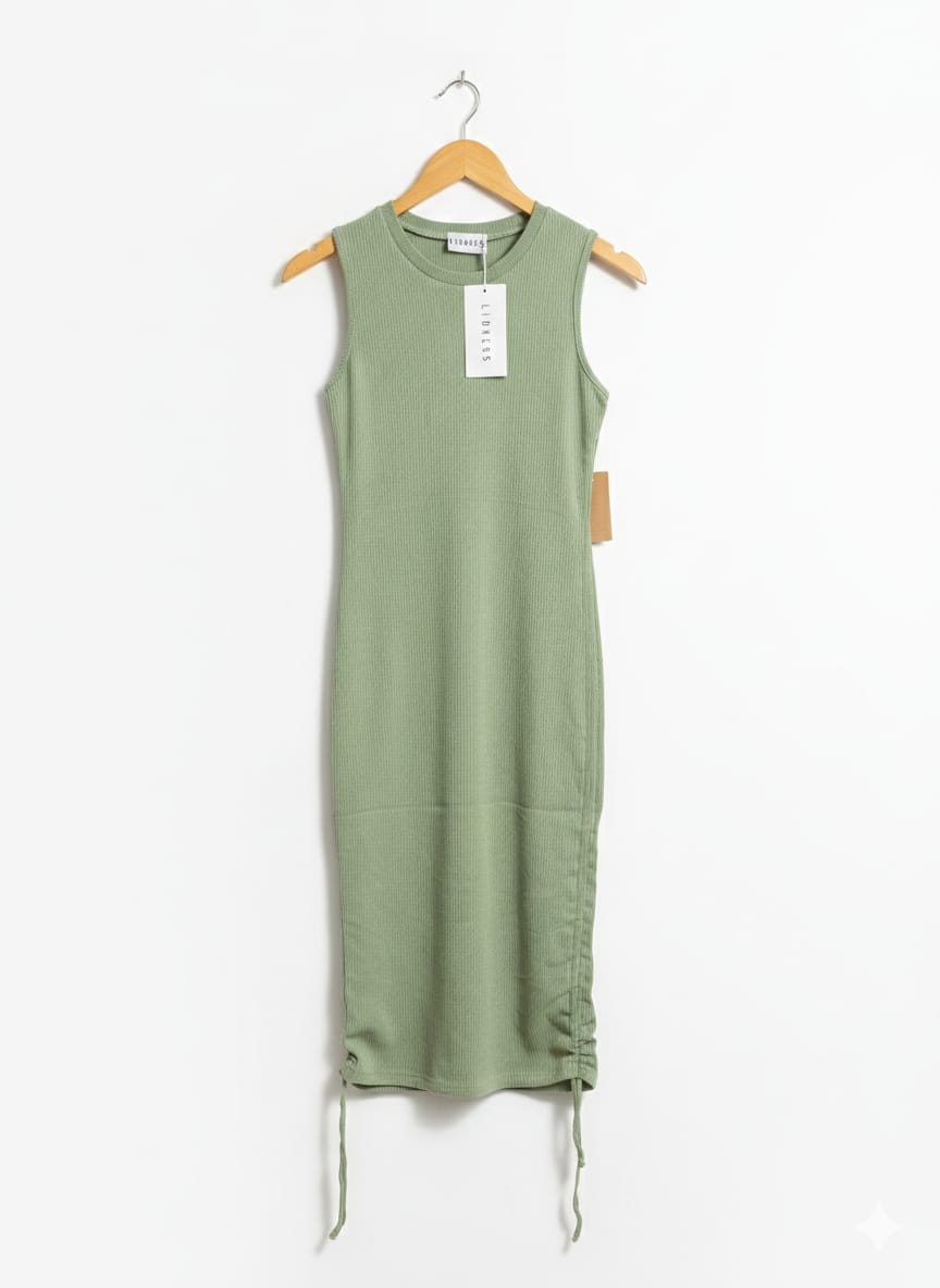 LIONESS |M| BUST 14| SAGE GREEN RIBBED SLEEVELESS ROUCHED MIDI DRESS
