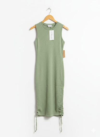 LIONESS |M| BUST 14| SAGE GREEN RIBBED SLEEVELESS ROUCHED MIDI DRESS