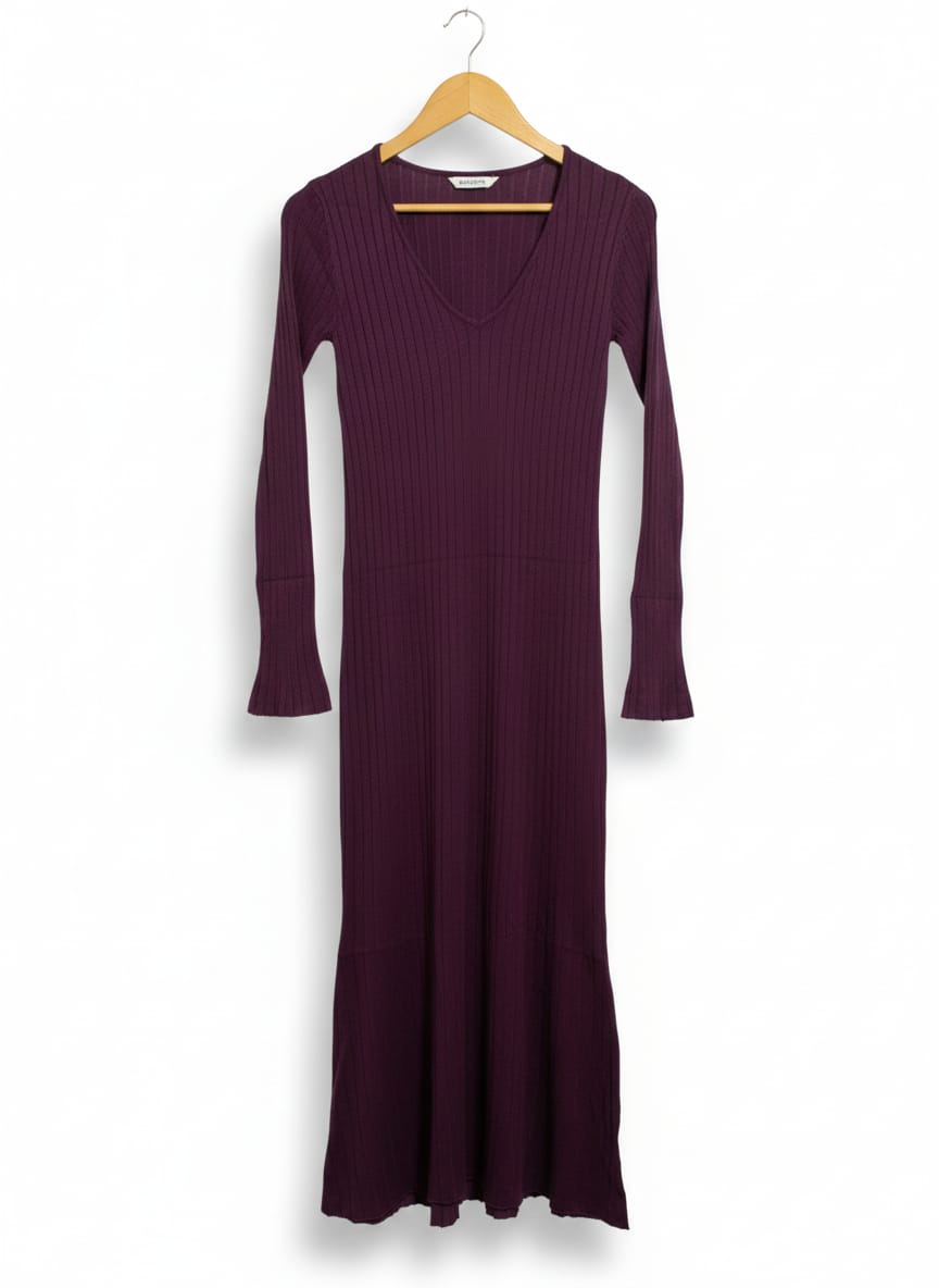 ANKO |M| BUST 15| DEEP PLUM V-NECK RIBBED KNIT MAXI DRESS