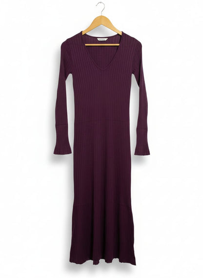 ANKO |M| BUST 15| DEEP PLUM V-NECK RIBBED KNIT MAXI DRESS