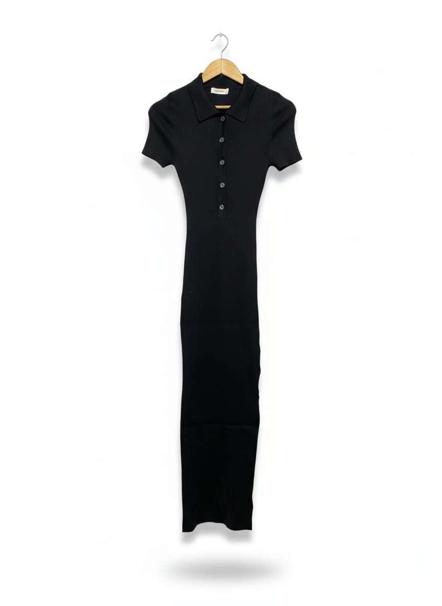 GLASSON |S| BUST 11| CLASSIC BLACK RIBBED KNIT POLO MAXI DRESS
