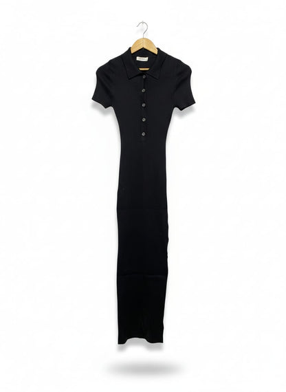 GLASSON |S| BUST 11| CLASSIC BLACK RIBBED KNIT POLO MAXI DRESS