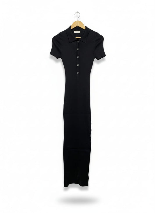 GLASSON |S| BUST 11| CLASSIC BLACK RIBBED KNIT POLO MAXI DRESS