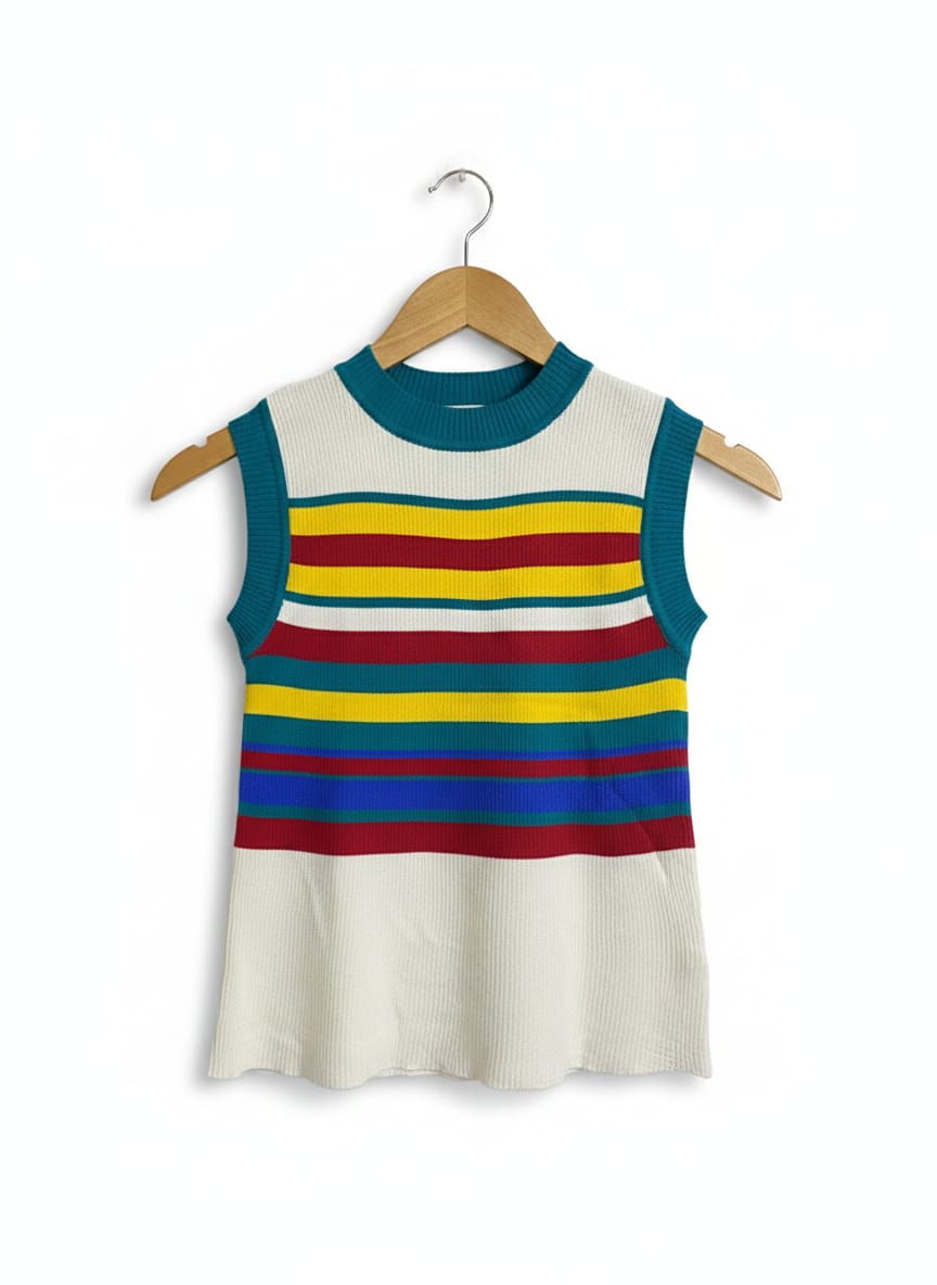 THANNE |M/L| BUST 12| VIBRANT MULTI-COLOR STRIPE RIBBED SLEEVELESS KNIT TOP