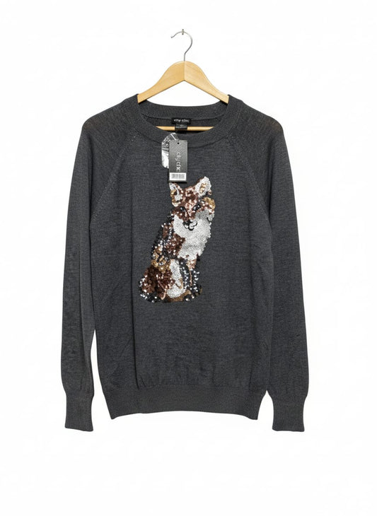 CITY CHIC |S| BUST 21| SEQUIN FOX CHARCOAL GREY KNIT SWEATER