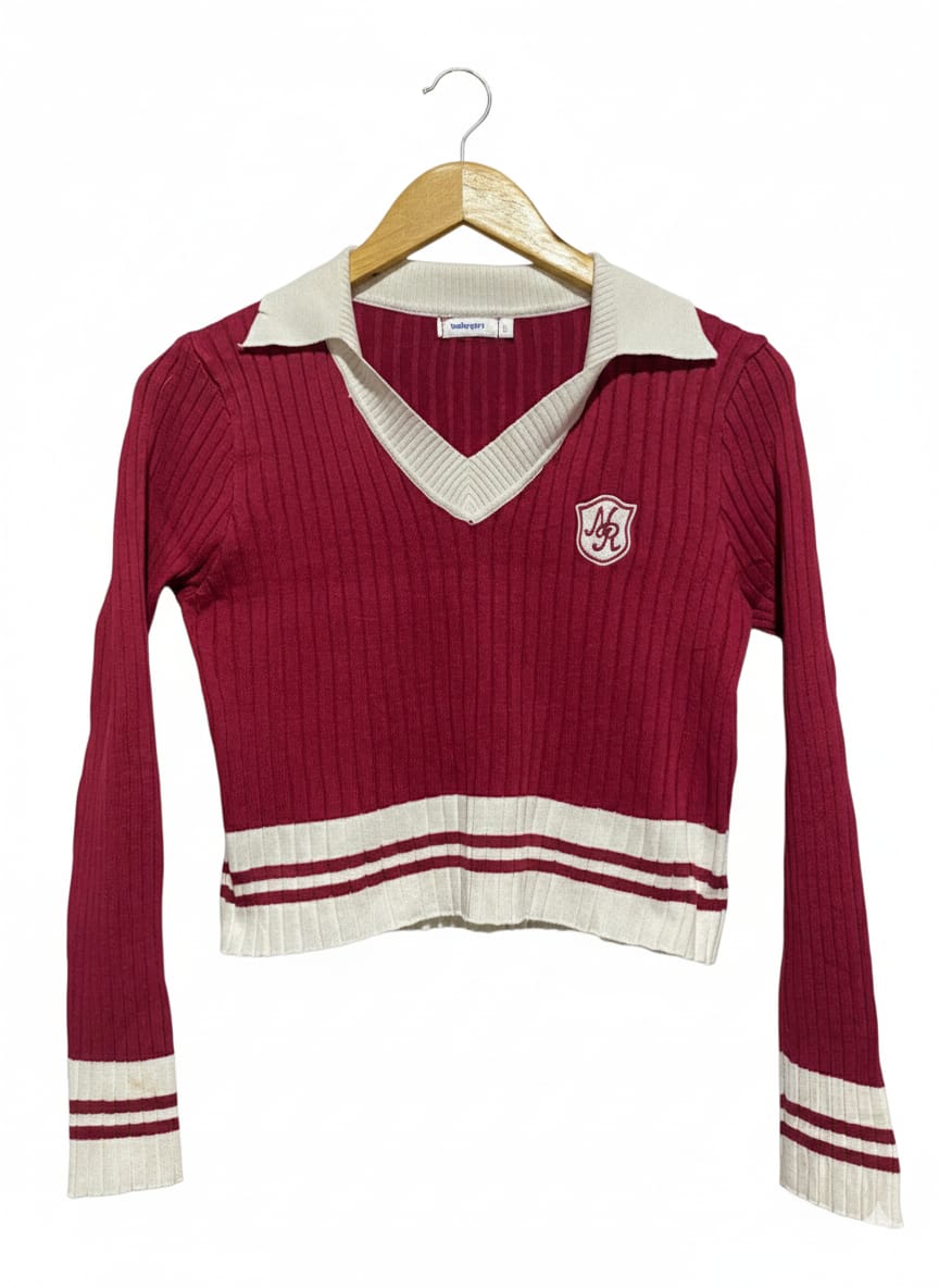VALLEY GIRL |L| BUST 15| PREPPY RIBBED V-NECK POLO KNIT