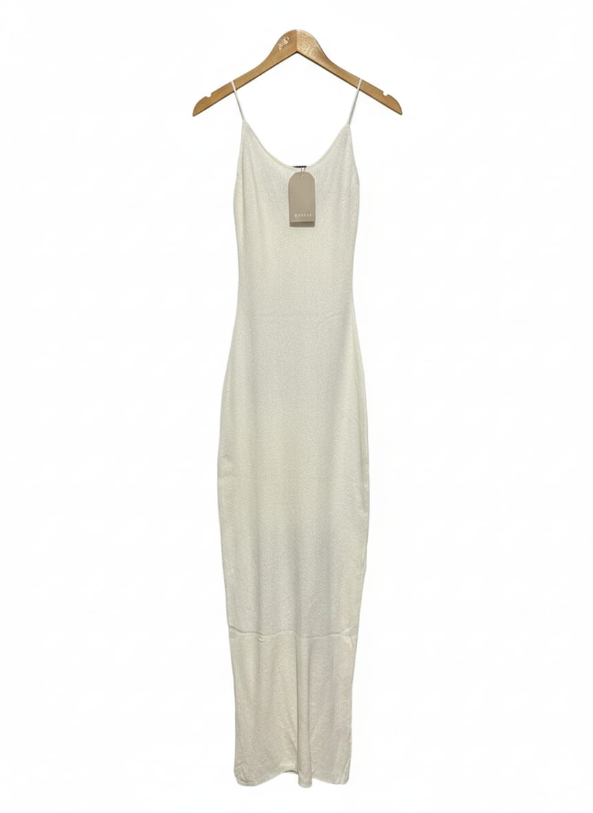 MESHKI |S| BUST 13| EXUDE MINIMALIST SOPHISTICATION IN THIS SLEEK, OFF-WHITE MAXI DRESS