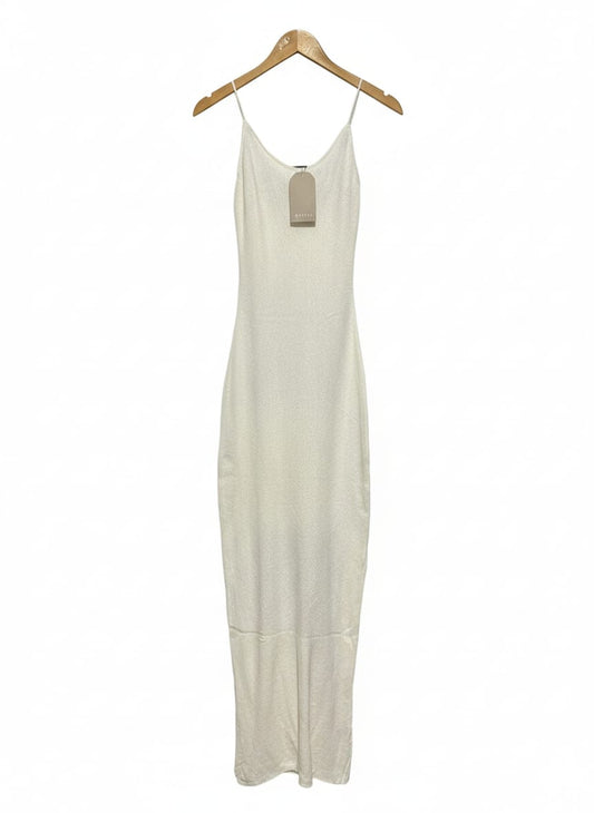 MESHKI |S| BUST 13| EXUDE MINIMALIST SOPHISTICATION IN THIS SLEEK, OFF-WHITE MAXI DRESS