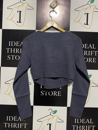 ALICE IN THE EVE |S| BUST 16| STRETCHY CURVED-HEM CROP TOP IN SLATE BLUE