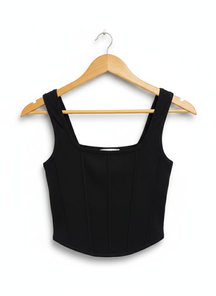 GLASSONS |S| BUST 12| BLACK RIBBED SQUARE NECK CORSET TOP