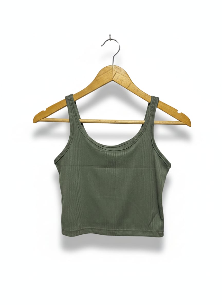 KHAKI RIBBED SCOOP NECK CROP TANK |S| BUST 13|