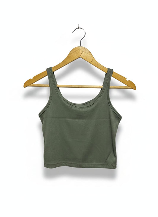 KHAKI RIBBED SCOOP NECK CROP TANK |S| BUST 13|