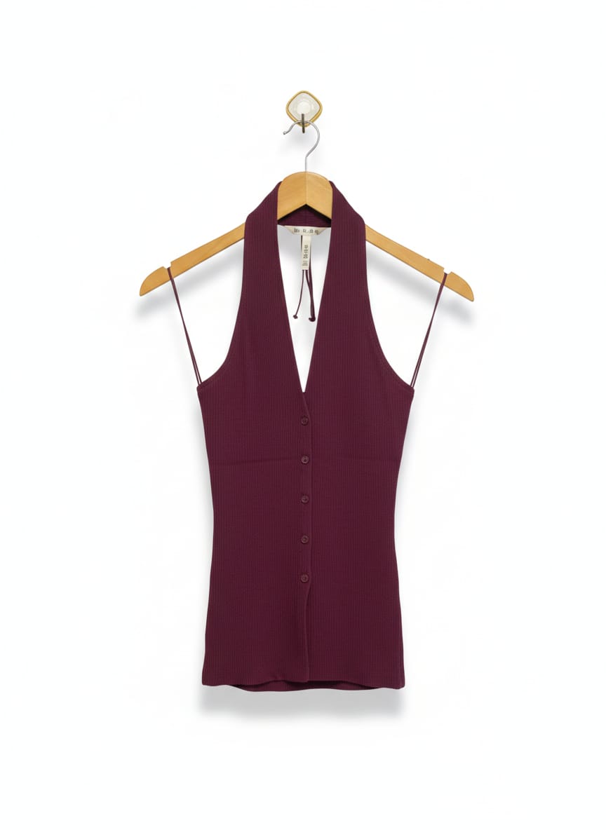 GLASSONS |M| BUST 13| PLUM HALTER-NECK BUTTON-DOWN TOP