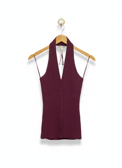 GLASSONS |M| BUST 13| PLUM HALTER-NECK BUTTON-DOWN TOP