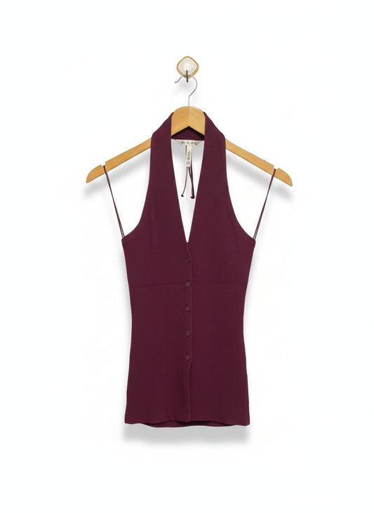 GLASSONS |M| BUST 13| PLUM HALTER-NECK BUTTON-DOWN TOP