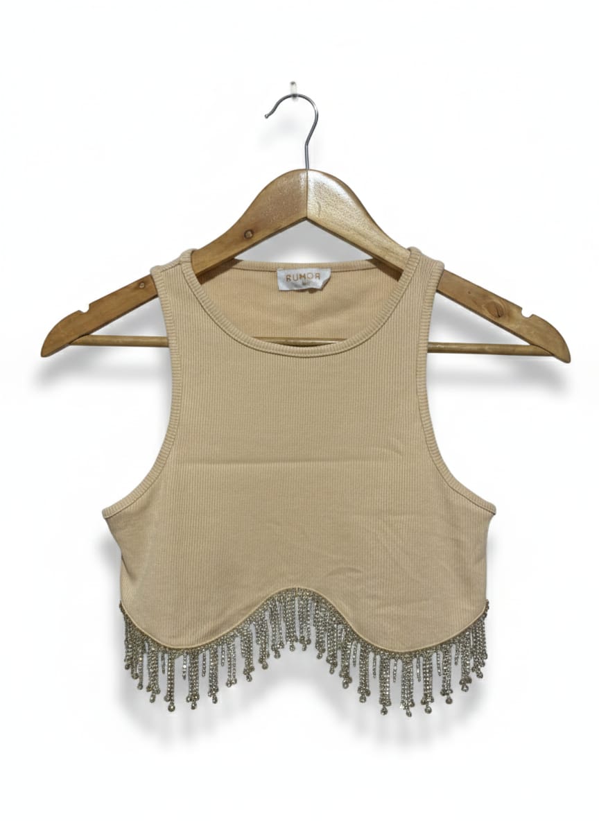 RUMOR |S| BUST 13| TAN RHINESTONE FRINGE CROP TANK