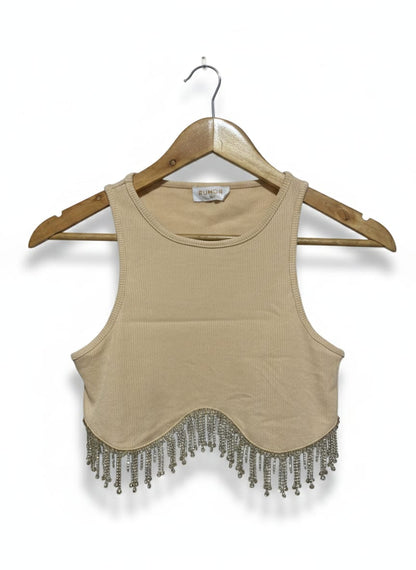 RUMOR |S| BUST 13| TAN RHINESTONE FRINGE CROP TANK