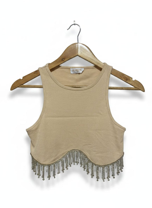 RUMOR |S| BUST 13| TAN RHINESTONE FRINGE CROP TANK