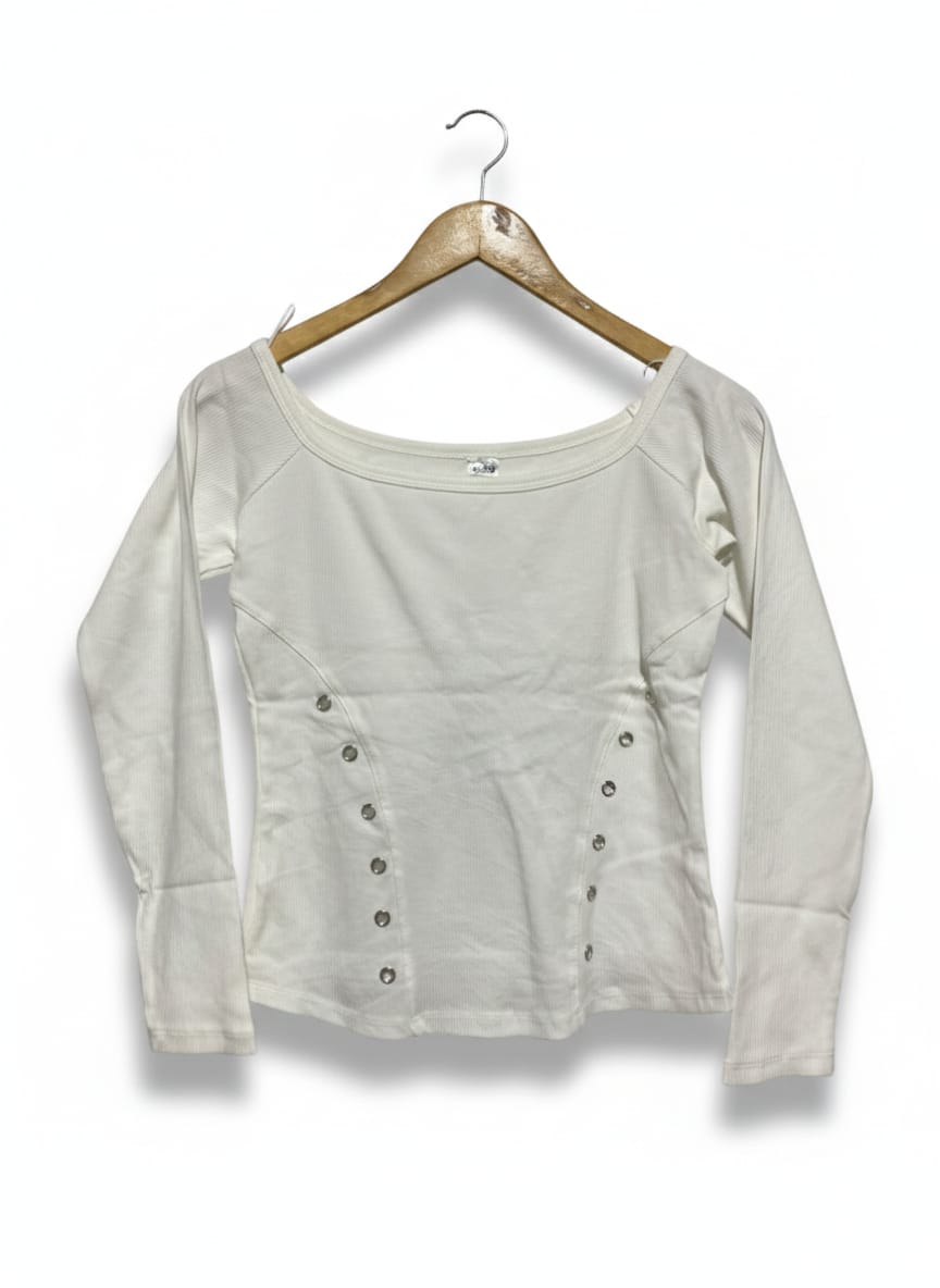 ANKO |M| BUST 16| WHITE RIBBED SCOOP-NECK LONG SLEEVE WITH EYELET DETAIL