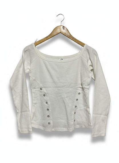ANKO |M| BUST 16| WHITE RIBBED SCOOP-NECK LONG SLEEVE WITH EYELET DETAIL
