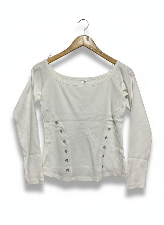 ANKO |M| BUST 16| WHITE RIBBED SCOOP-NECK LONG SLEEVE WITH EYELET DETAIL