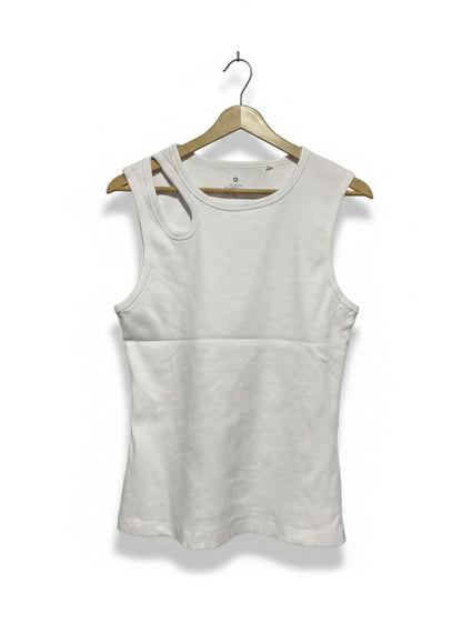 WOMAN |L| BUST 16| WHITE RIBBED ASYMMETRICAL CUT-OUT TANK