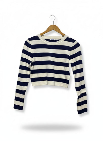 VALLEY GIRL |M| BUST 16| NAVY AND WHITE STRIPED LONG-SLEEVE CROP TOP