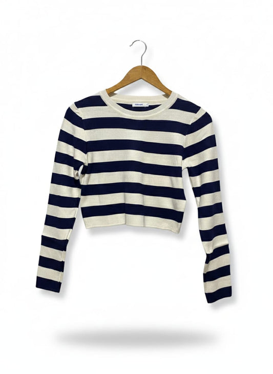 VALLEY GIRL |M| BUST 16| NAVY AND WHITE STRIPED LONG-SLEEVE CROP TOP