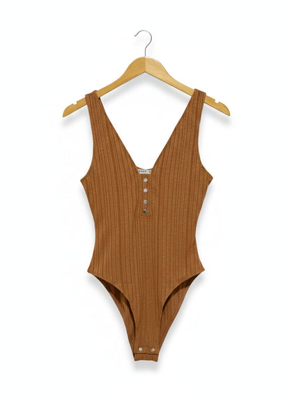 NEON WHITE |L| BUST 14| RUST BROWN V-NECK RIBBED HENLEY BODYSUIT